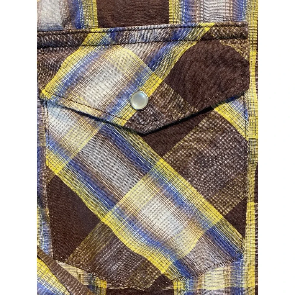 Wrangler Western‎ Shirt L Brown Yellow Check Pearl Snap Cowboy Rodeo 75204PP Y2K